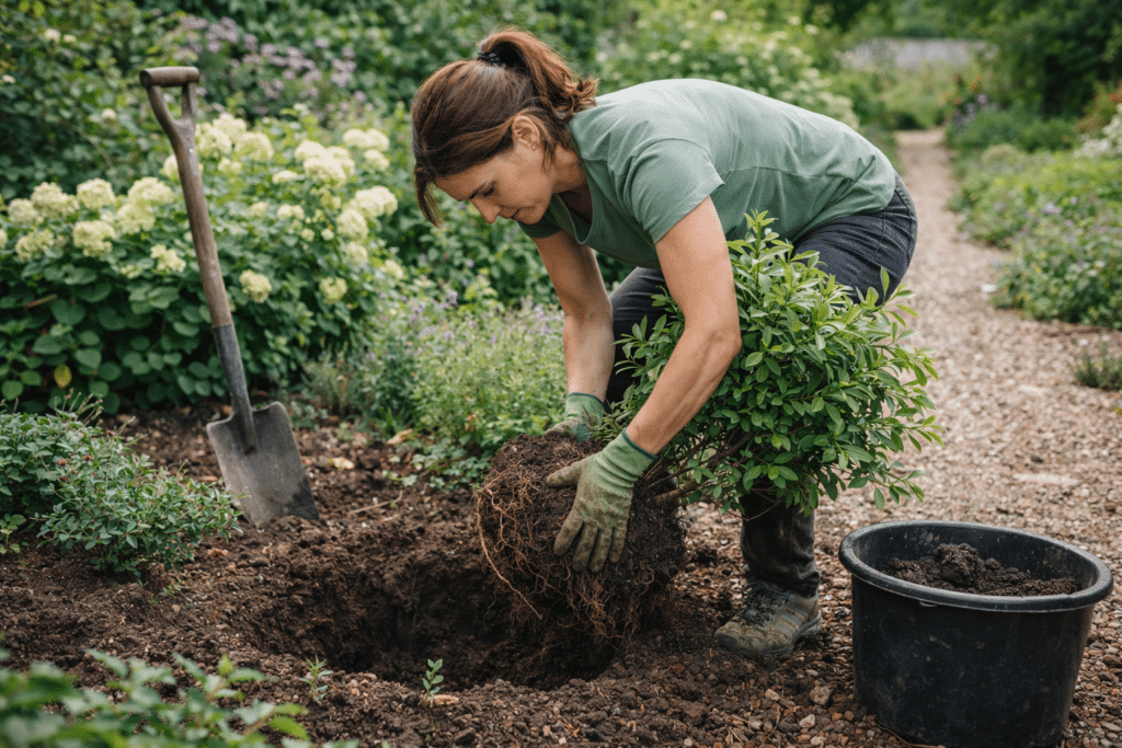 Kobieta przesadzająca krzew w ogrodzie.